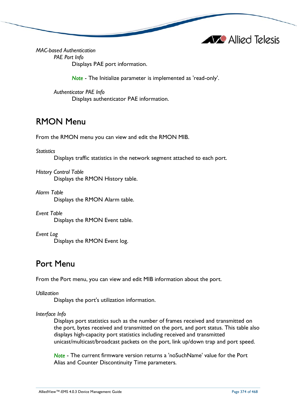 Rmon menu, Port menu | Allied Telesis AlliedView-EMS 4.0.3 Device-Management User Manual | Page 374 / 468