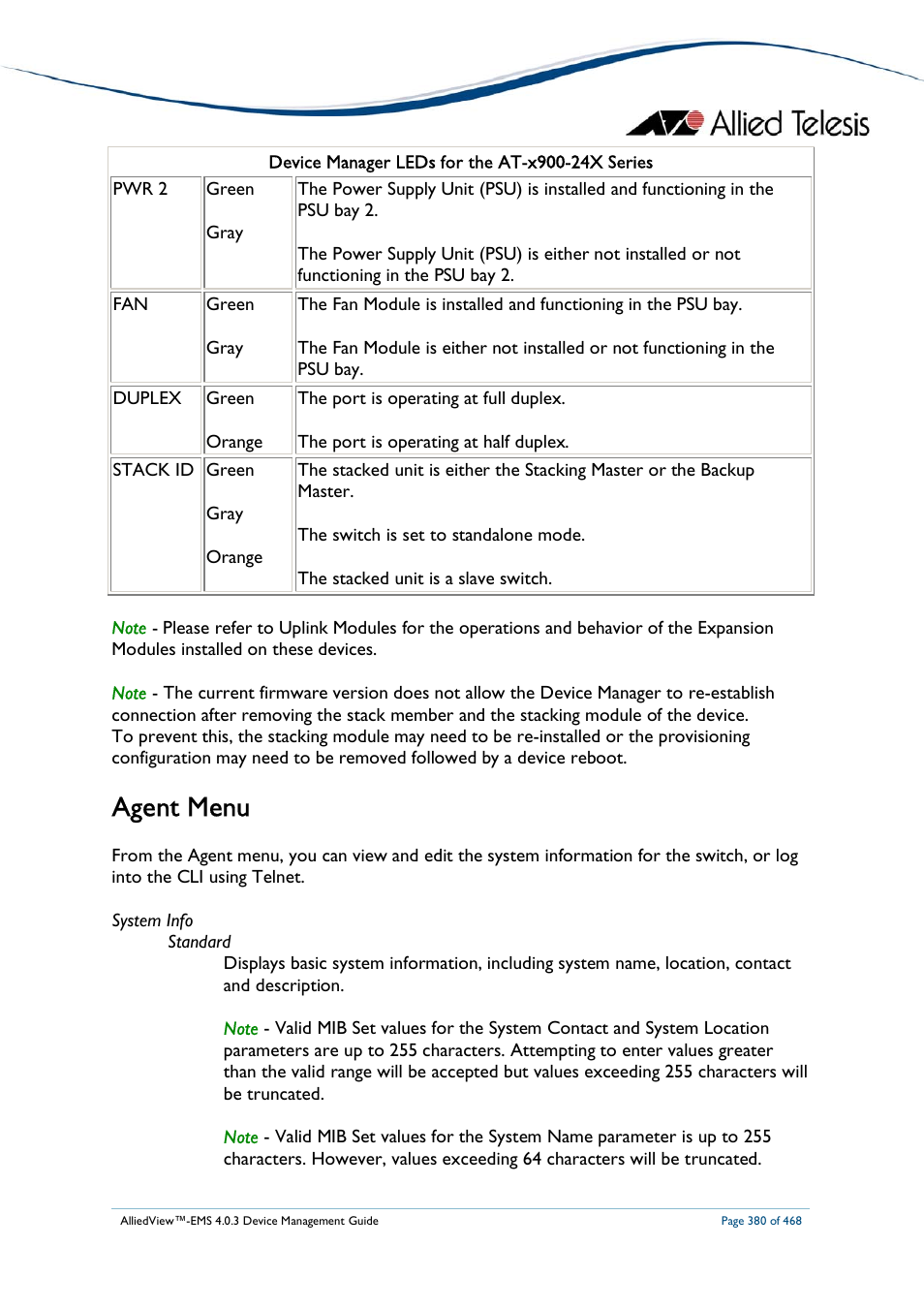 Agent menu | Allied Telesis AlliedView-EMS 4.0.3 Device-Management User Manual | Page 380 / 468