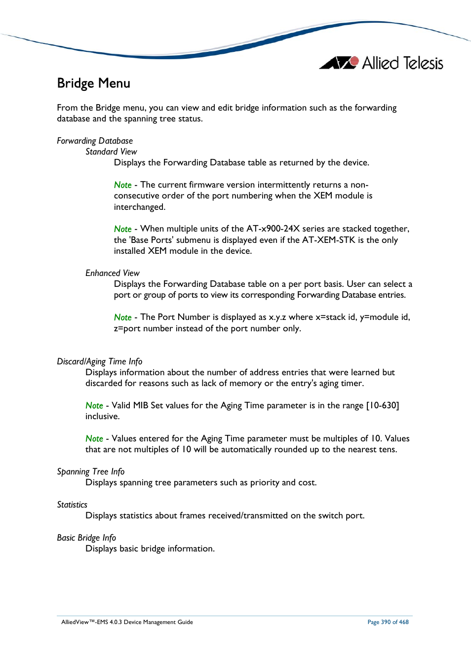 Bridge menu | Allied Telesis AlliedView-EMS 4.0.3 Device-Management User Manual | Page 390 / 468