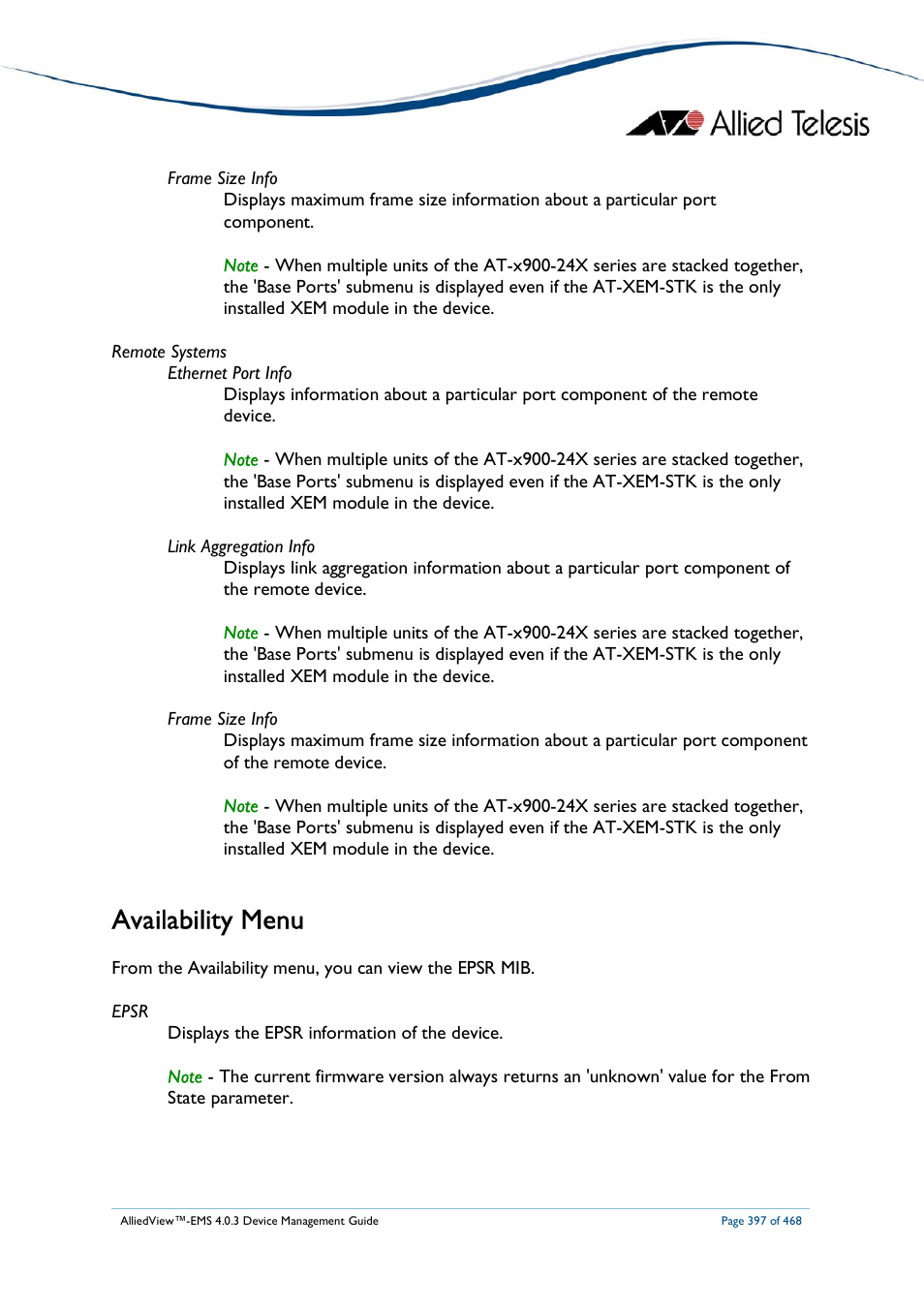 Availability menu | Allied Telesis AlliedView-EMS 4.0.3 Device-Management User Manual | Page 397 / 468
