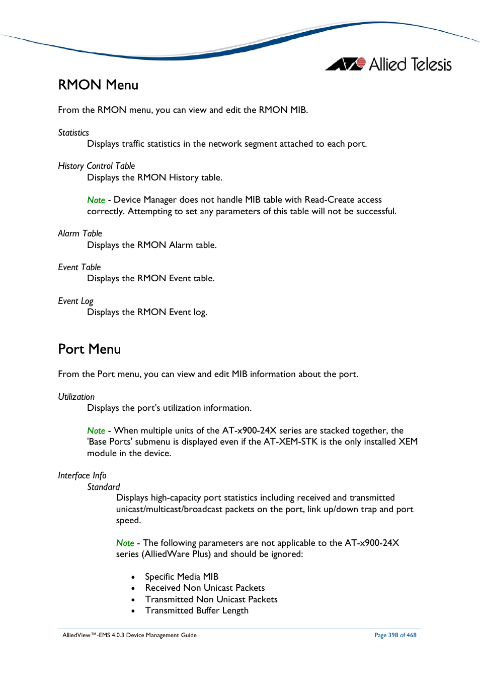 Rmon menu, Port menu | Allied Telesis AlliedView-EMS 4.0.3 Device-Management User Manual | Page 398 / 468