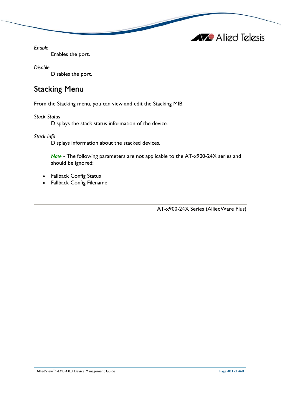 Stacking menu | Allied Telesis AlliedView-EMS 4.0.3 Device-Management User Manual | Page 403 / 468