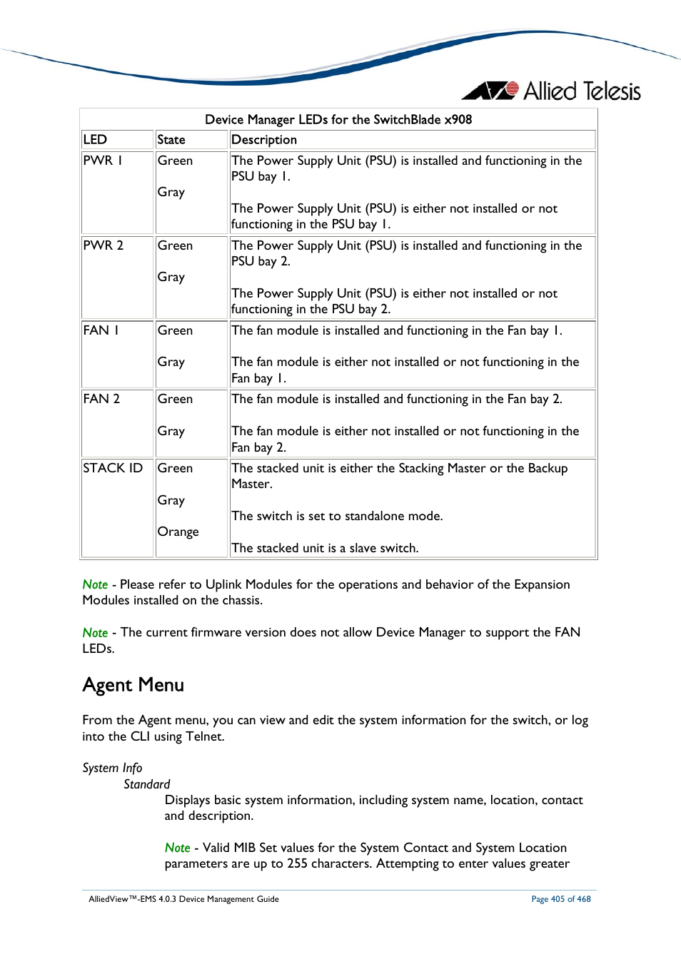 Agent menu | Allied Telesis AlliedView-EMS 4.0.3 Device-Management User Manual | Page 405 / 468
