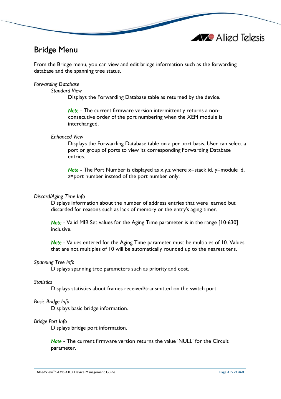 Bridge menu | Allied Telesis AlliedView-EMS 4.0.3 Device-Management User Manual | Page 415 / 468