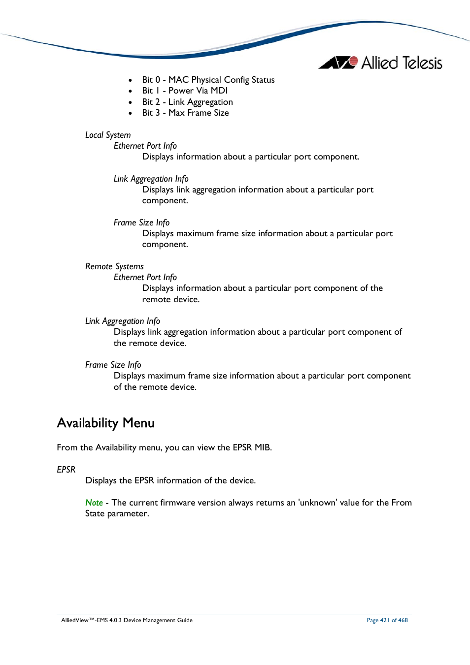 Availability menu | Allied Telesis AlliedView-EMS 4.0.3 Device-Management User Manual | Page 421 / 468