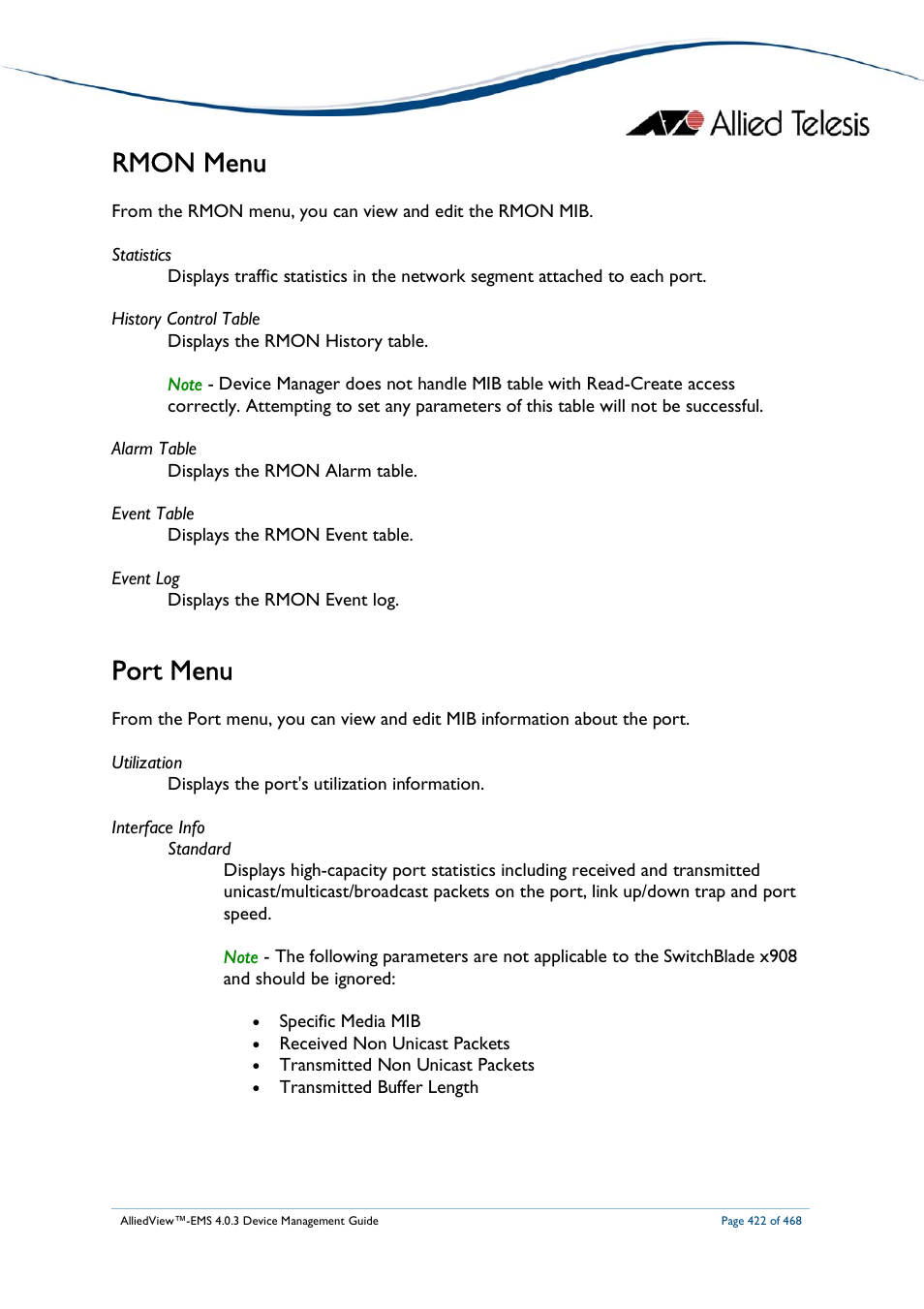 Rmon menu, Port menu | Allied Telesis AlliedView-EMS 4.0.3 Device-Management User Manual | Page 422 / 468