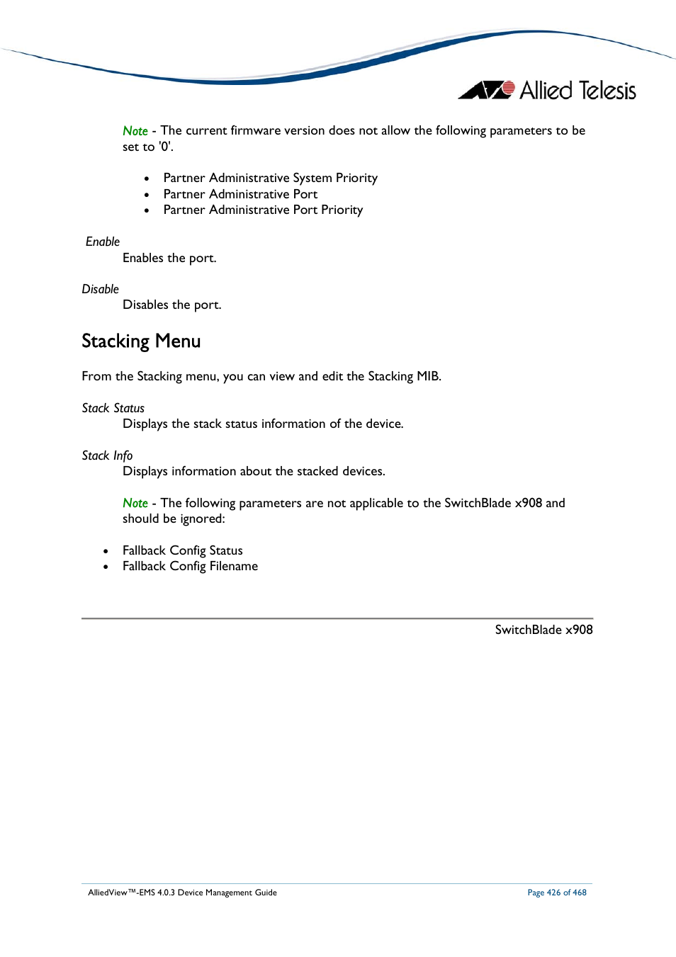 Stacking menu | Allied Telesis AlliedView-EMS 4.0.3 Device-Management User Manual | Page 426 / 468
