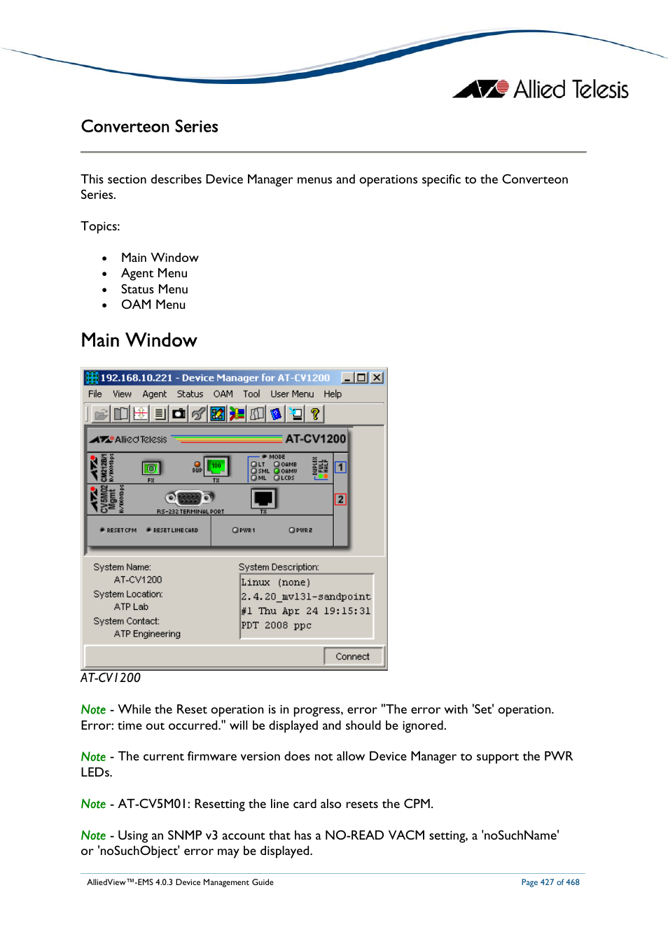 Main window, Converteon series | Allied Telesis AlliedView-EMS 4.0.3 Device-Management User Manual | Page 427 / 468