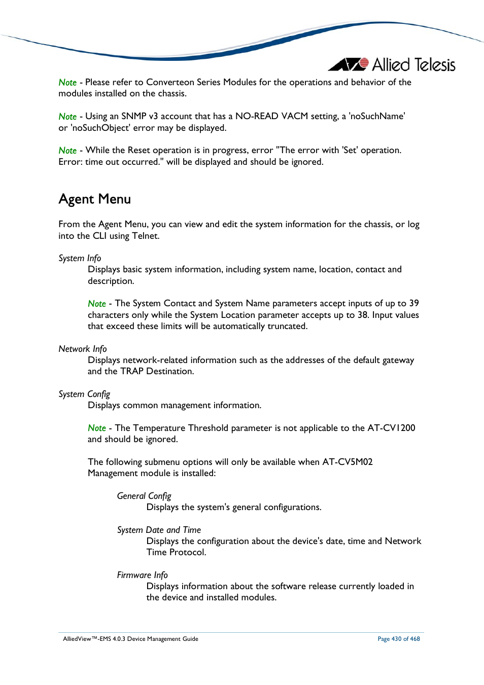 Agent menu | Allied Telesis AlliedView-EMS 4.0.3 Device-Management User Manual | Page 430 / 468