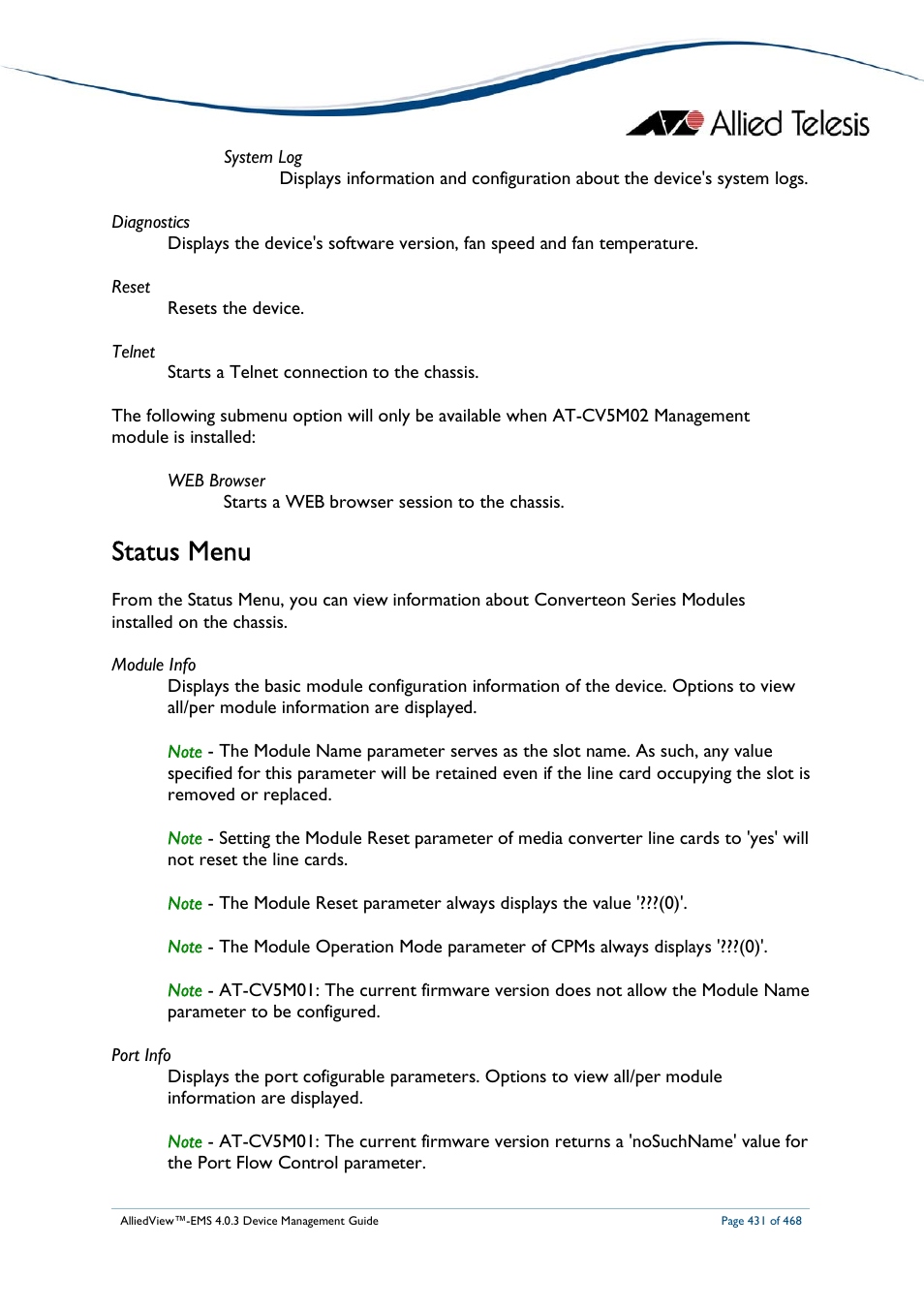 Status menu | Allied Telesis AlliedView-EMS 4.0.3 Device-Management User Manual | Page 431 / 468