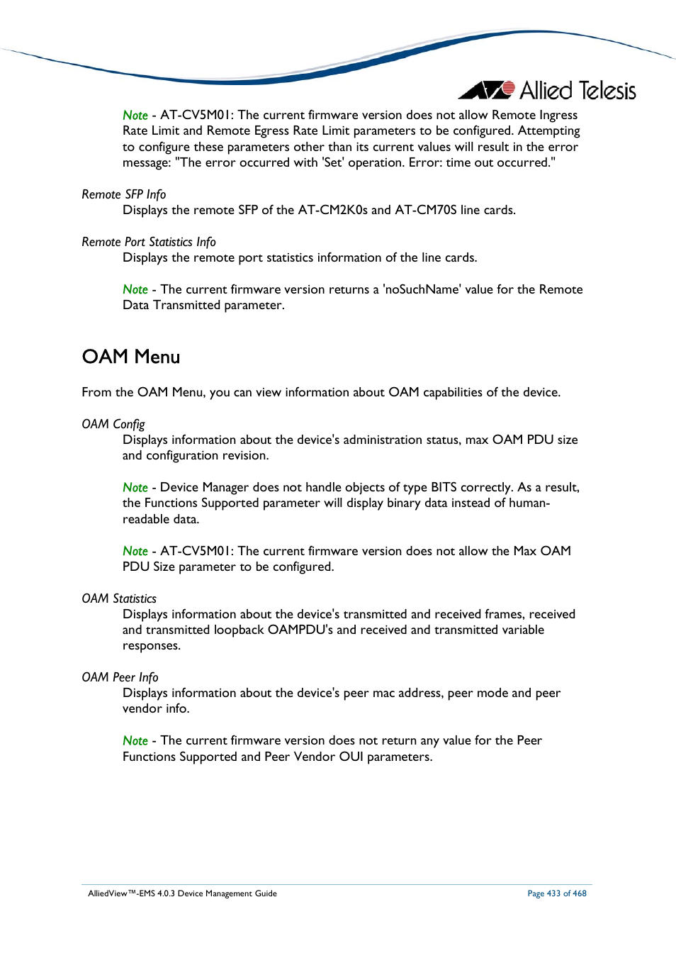 Oam menu | Allied Telesis AlliedView-EMS 4.0.3 Device-Management User Manual | Page 433 / 468