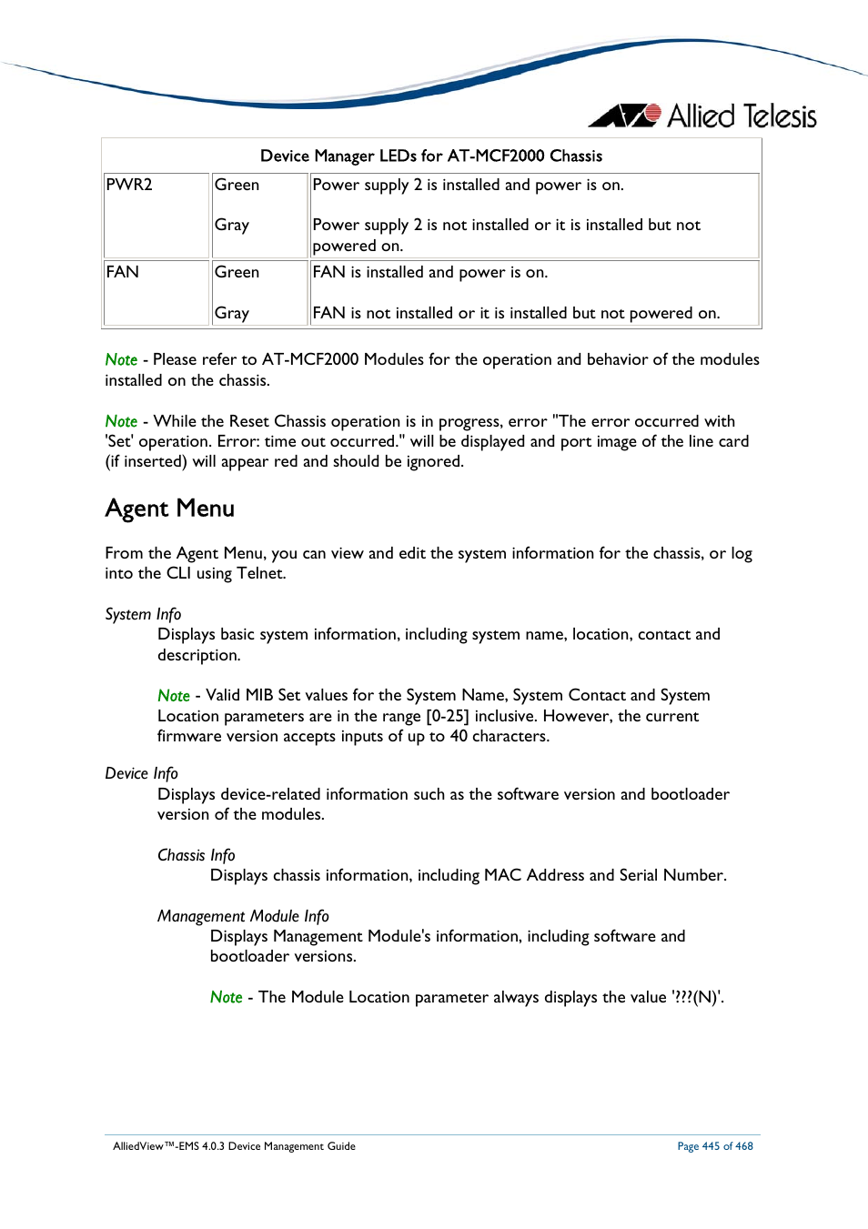 Agent menu | Allied Telesis AlliedView-EMS 4.0.3 Device-Management User Manual | Page 445 / 468