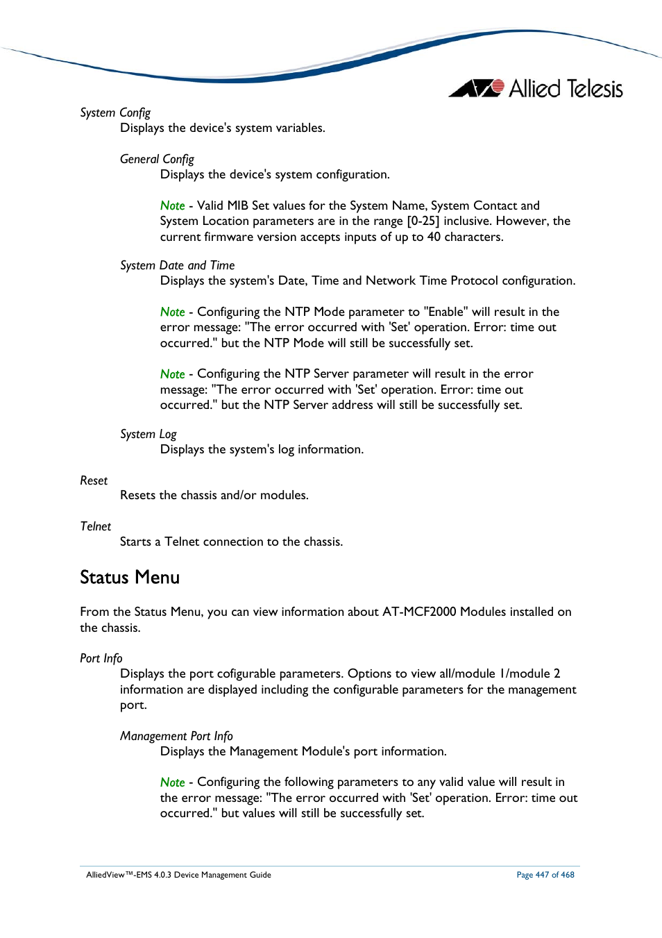 Status menu | Allied Telesis AlliedView-EMS 4.0.3 Device-Management User Manual | Page 447 / 468