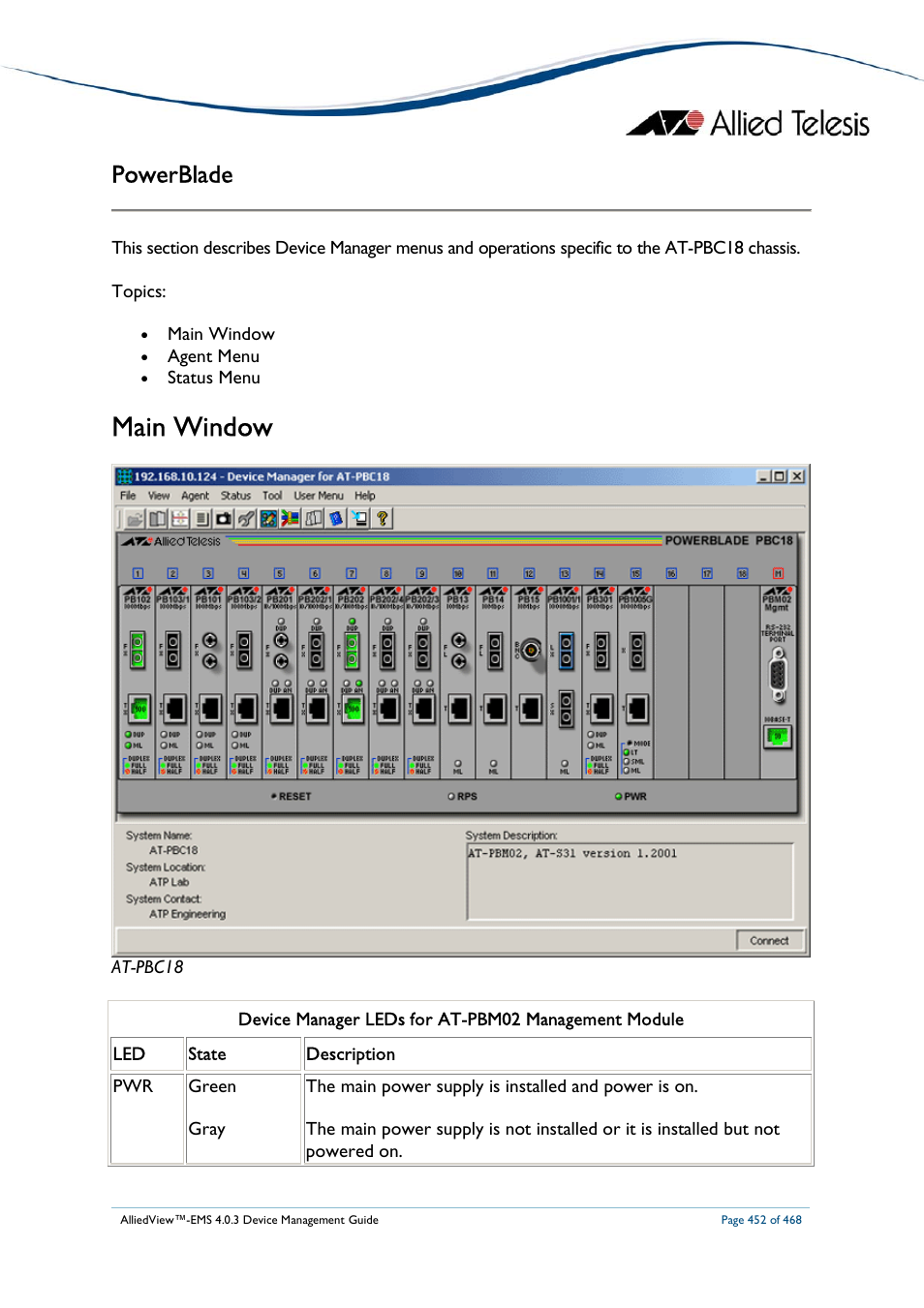 Main window, Powerblade | Allied Telesis AlliedView-EMS 4.0.3 Device-Management User Manual | Page 452 / 468
