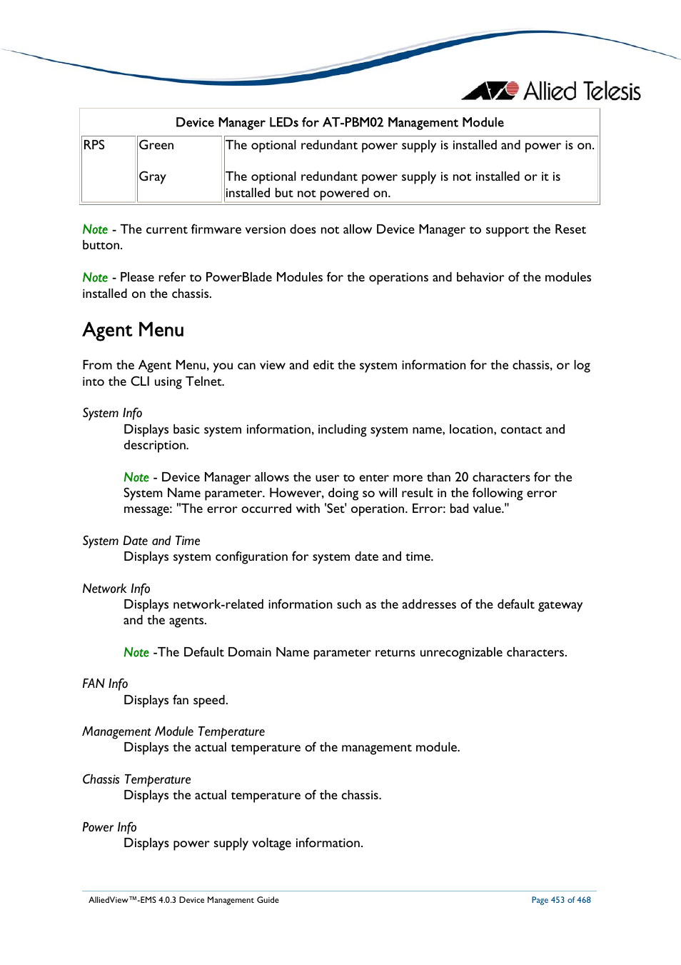 Agent menu | Allied Telesis AlliedView-EMS 4.0.3 Device-Management User Manual | Page 453 / 468