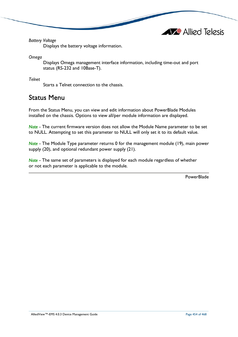Status menu | Allied Telesis AlliedView-EMS 4.0.3 Device-Management User Manual | Page 454 / 468