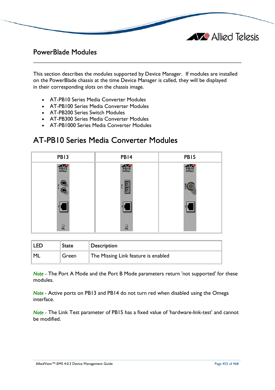 At-pb10 series media converter modules, Powerblade modules | Allied Telesis AlliedView-EMS 4.0.3 Device-Management User Manual | Page 455 / 468