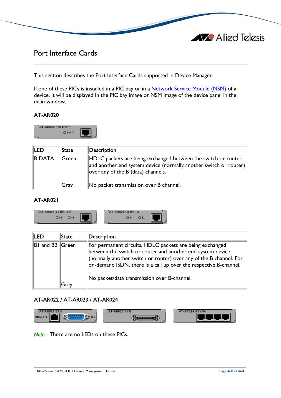 Port interface cards | Allied Telesis AlliedView-EMS 4.0.3 Device-Management User Manual | Page 460 / 468