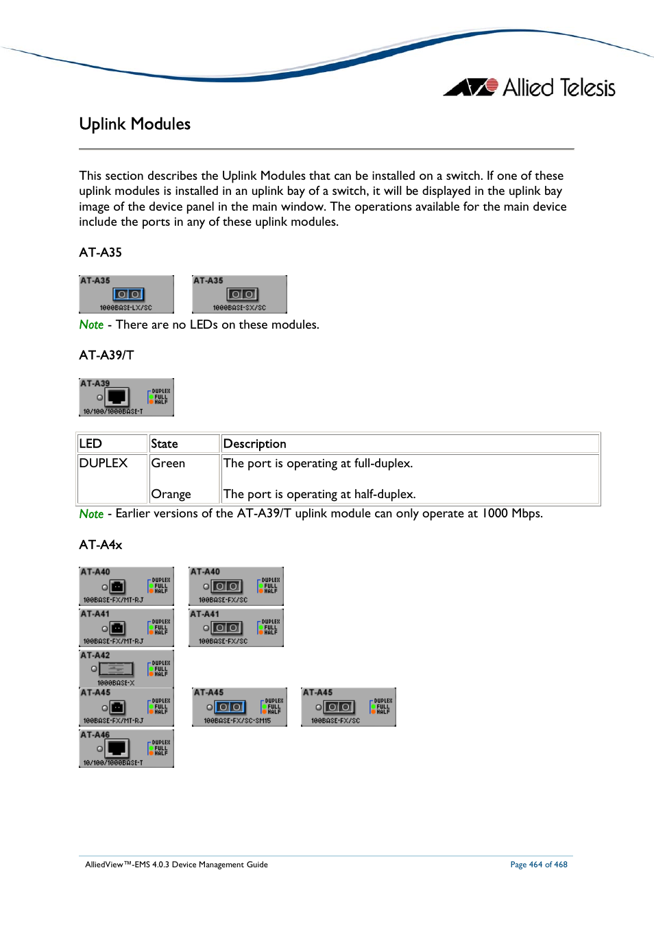 Uplink modules | Allied Telesis AlliedView-EMS 4.0.3 Device-Management User Manual | Page 464 / 468