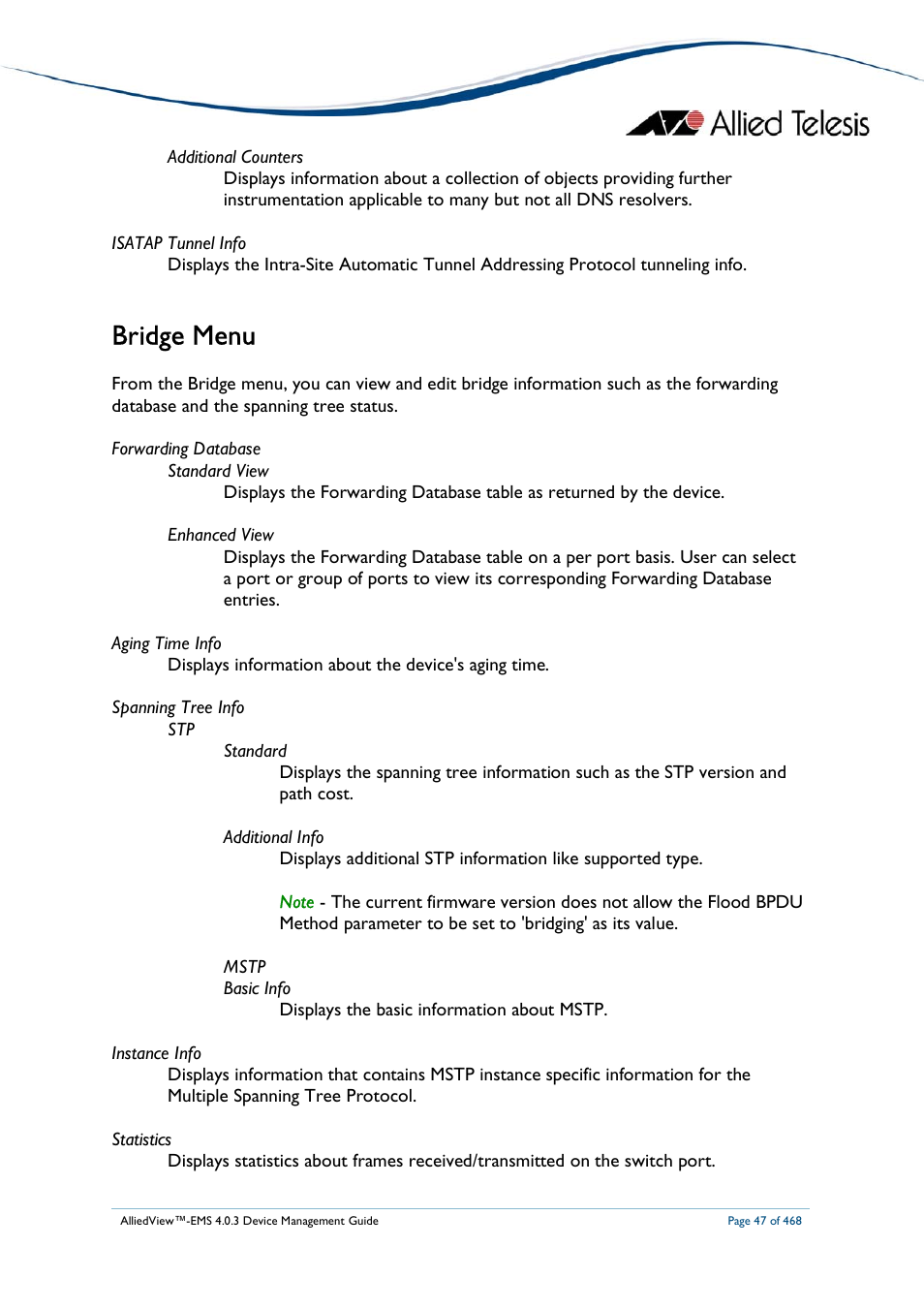 Bridge menu | Allied Telesis AlliedView-EMS 4.0.3 Device-Management User Manual | Page 47 / 468