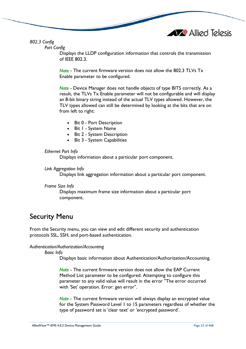 Security menu | Allied Telesis AlliedView-EMS 4.0.3 Device-Management User Manual | Page 52 / 468