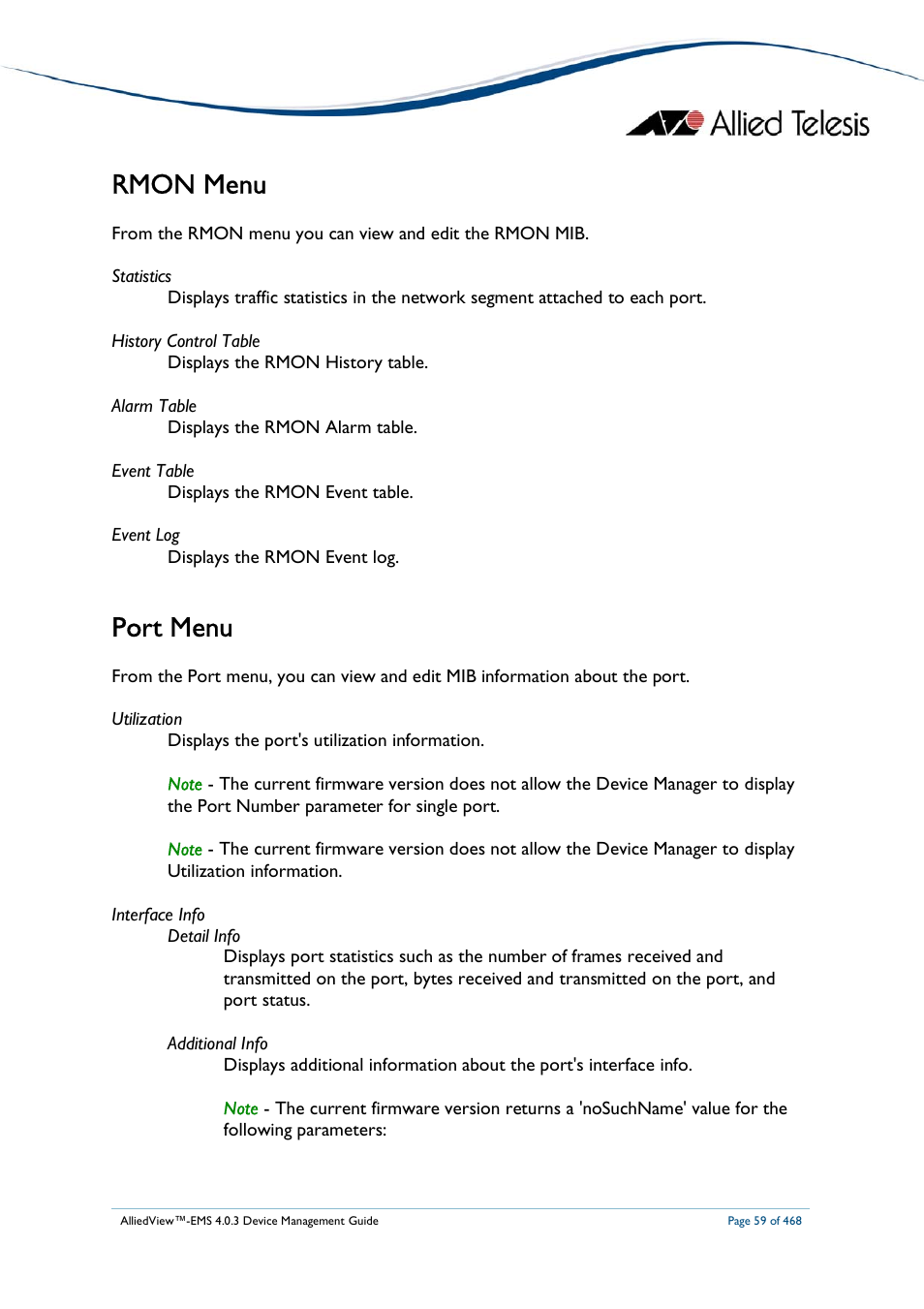 Rmon menu, Port menu | Allied Telesis AlliedView-EMS 4.0.3 Device-Management User Manual | Page 59 / 468