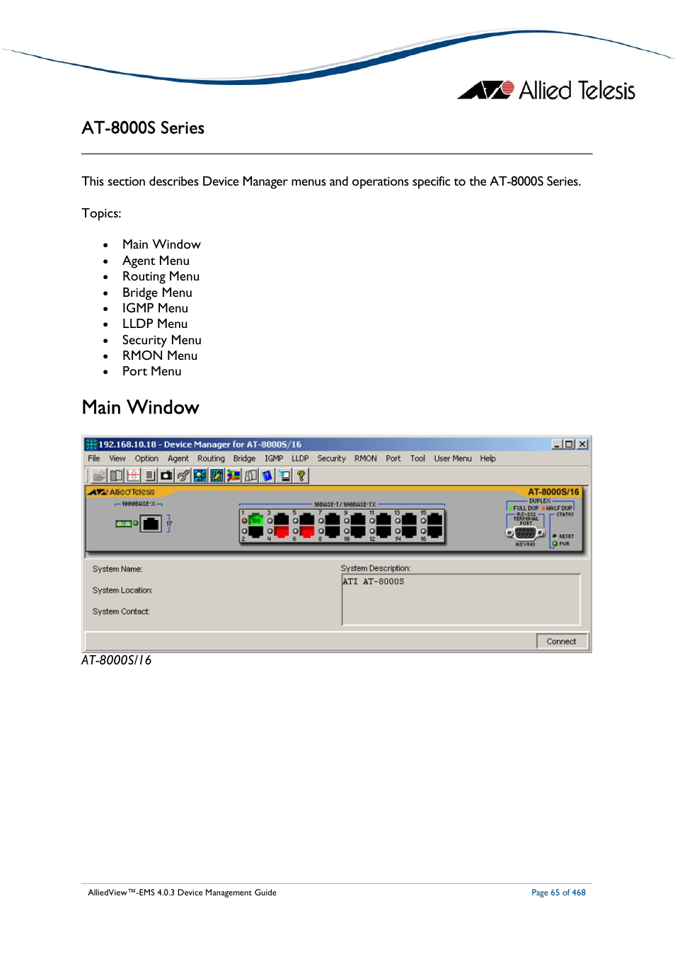Main window, At-8000s series | Allied Telesis AlliedView-EMS 4.0.3 Device-Management User Manual | Page 65 / 468