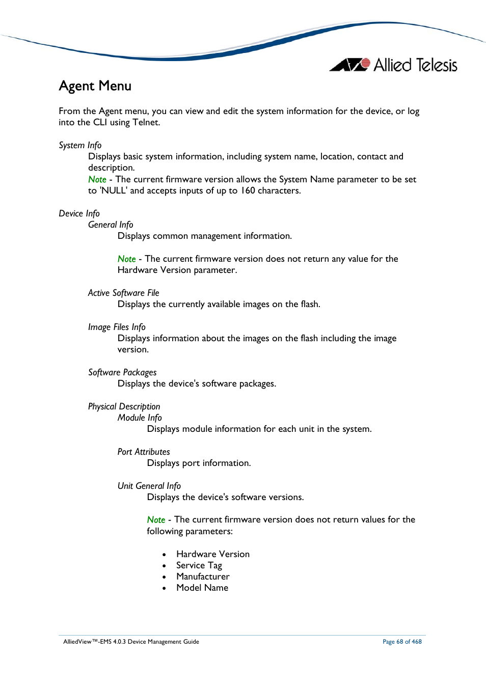 Agent menu | Allied Telesis AlliedView-EMS 4.0.3 Device-Management User Manual | Page 68 / 468