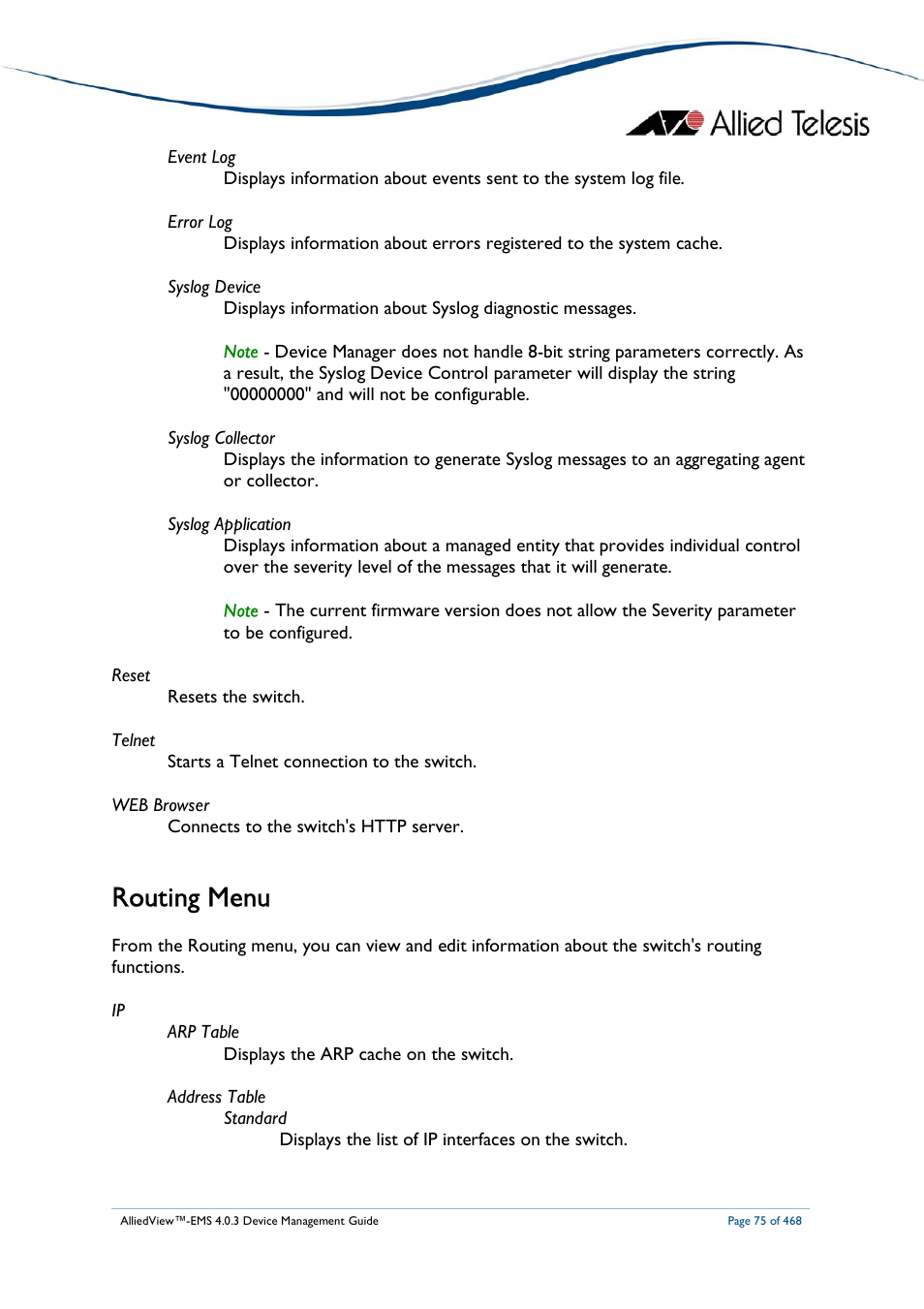 Routing menu | Allied Telesis AlliedView-EMS 4.0.3 Device-Management User Manual | Page 75 / 468