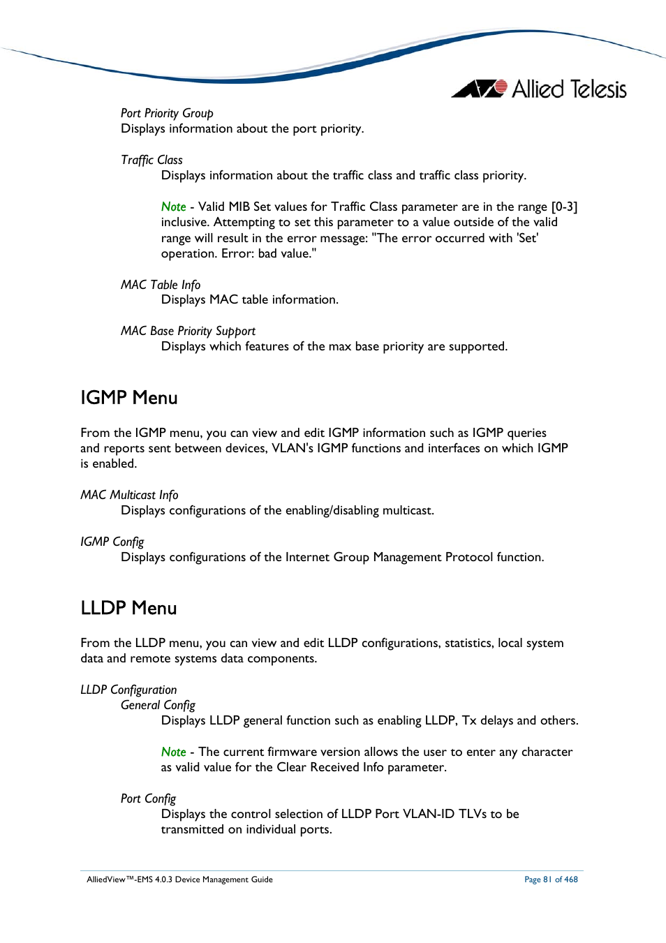Igmp menu, Lldp menu | Allied Telesis AlliedView-EMS 4.0.3 Device-Management User Manual | Page 81 / 468
