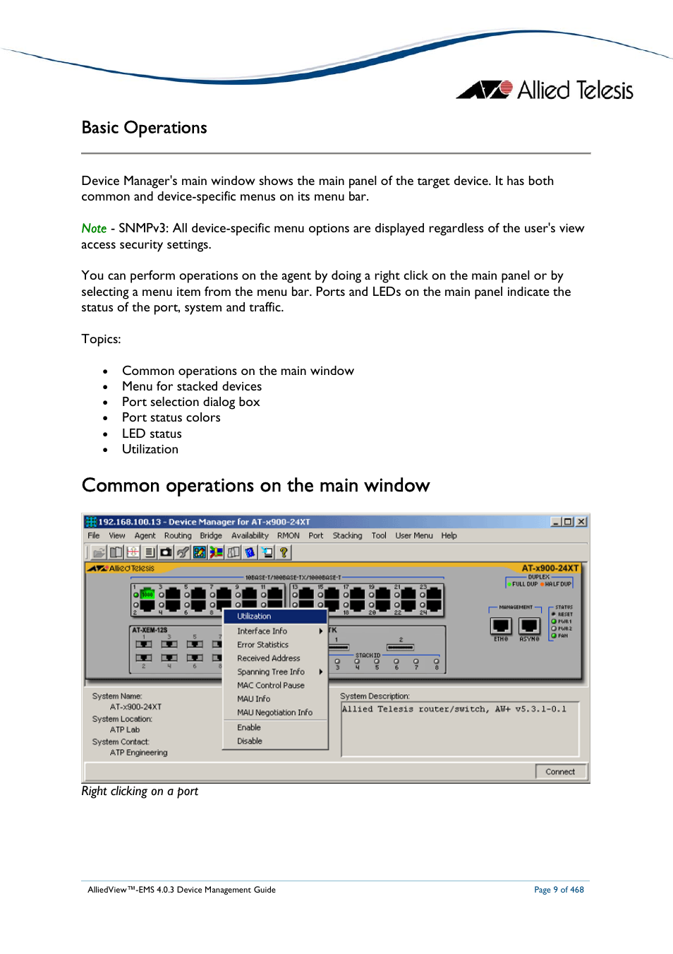 Common operations on the main window, Basic operations | Allied Telesis AlliedView-EMS 4.0.3 Device-Management User Manual | Page 9 / 468