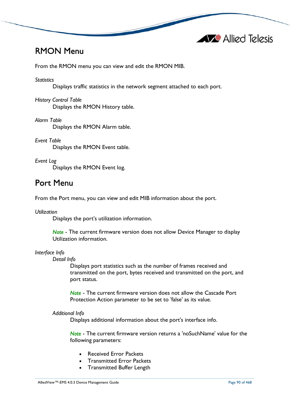 Rmon menu, Port menu | Allied Telesis AlliedView-EMS 4.0.3 Device-Management User Manual | Page 90 / 468