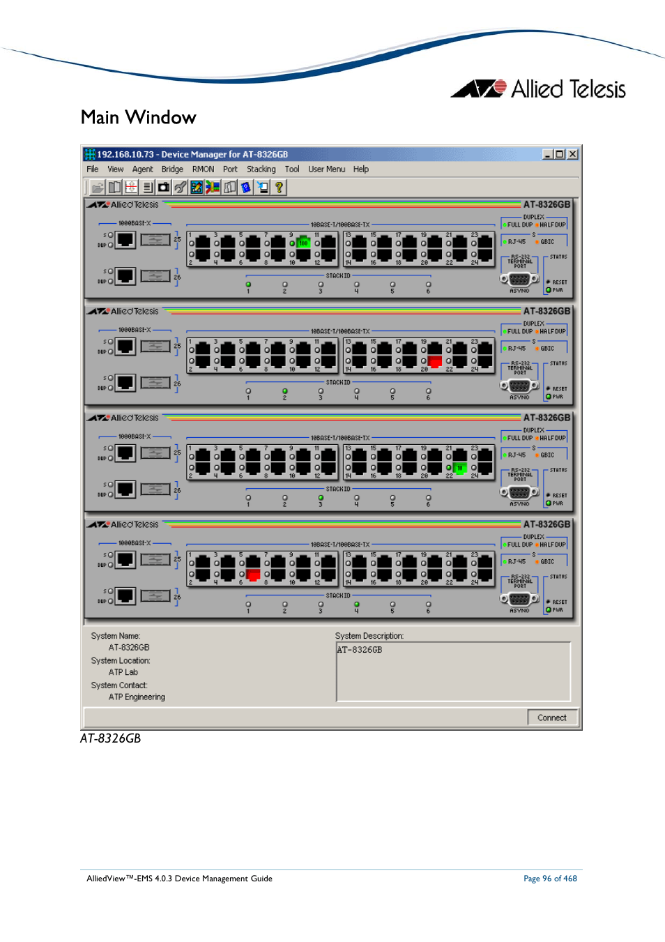 Main window, At-8326gb | Allied Telesis AlliedView-EMS 4.0.3 Device-Management User Manual | Page 96 / 468