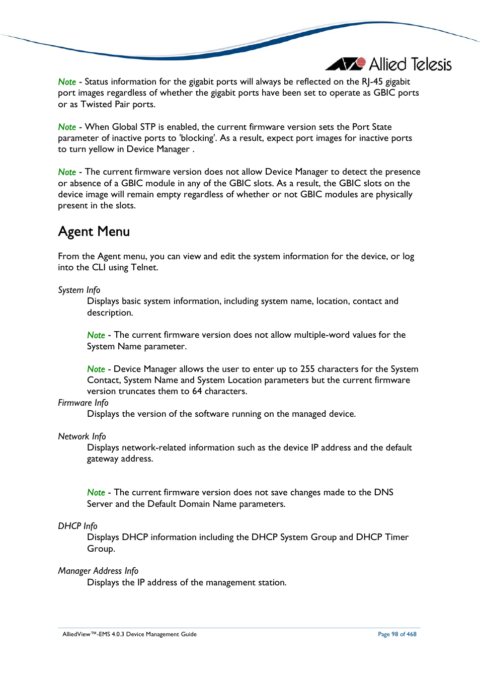 Agent menu | Allied Telesis AlliedView-EMS 4.0.3 Device-Management User Manual | Page 98 / 468