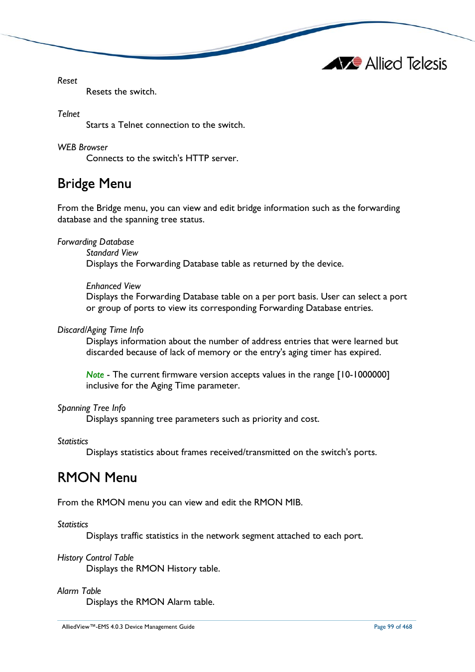 Bridge menu, Rmon menu | Allied Telesis AlliedView-EMS 4.0.3 Device-Management User Manual | Page 99 / 468