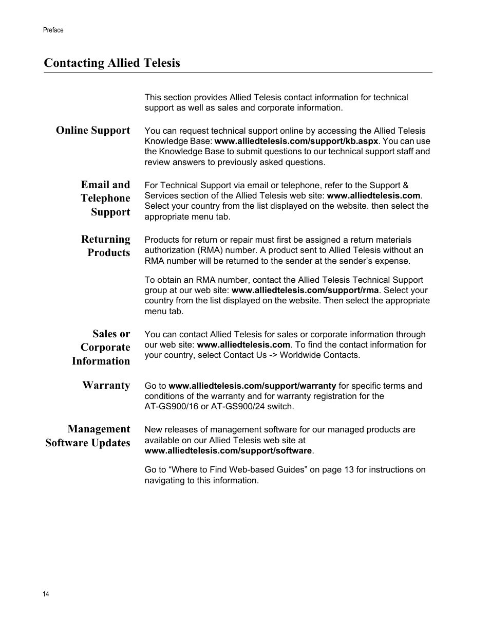 Contacting allied telesis, Online support, Email and telephone support | Returning products, Sales or corporate information, Warranty, Management software updates | Allied Telesis AT-GS900/24 User Manual | Page 14 / 45