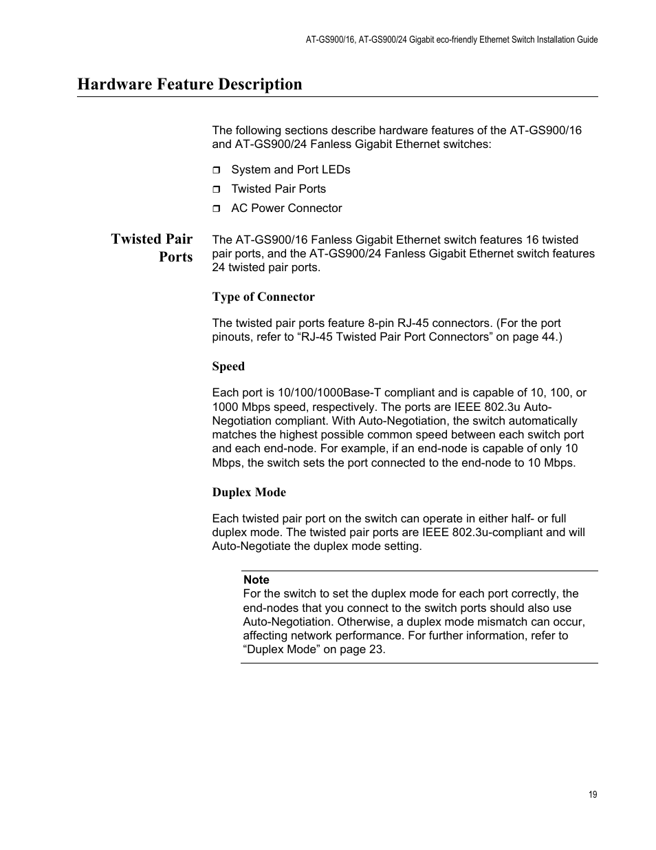 Hardware feature description, Twisted pair ports | Allied Telesis AT-GS900/24 User Manual | Page 19 / 45