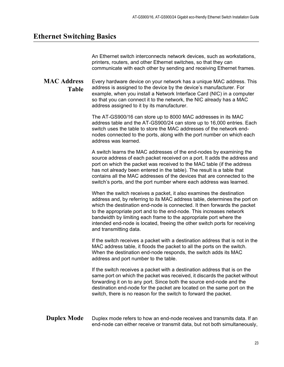 Ethernet switching basics, Mac address table, Duplex mode | Mac address table duplex mode | Allied Telesis AT-GS900/24 User Manual | Page 23 / 45