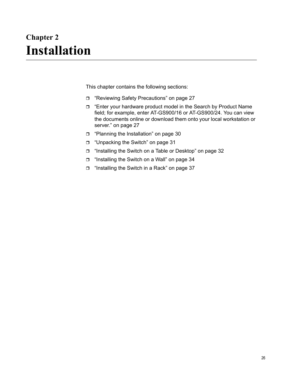 Chapter 2, Installation, Chapter 2: installation | Allied Telesis AT-GS900/24 User Manual | Page 26 / 45