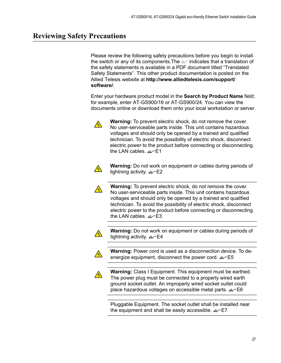 Reviewing safety precautions | Allied Telesis AT-GS900/24 User Manual | Page 27 / 45