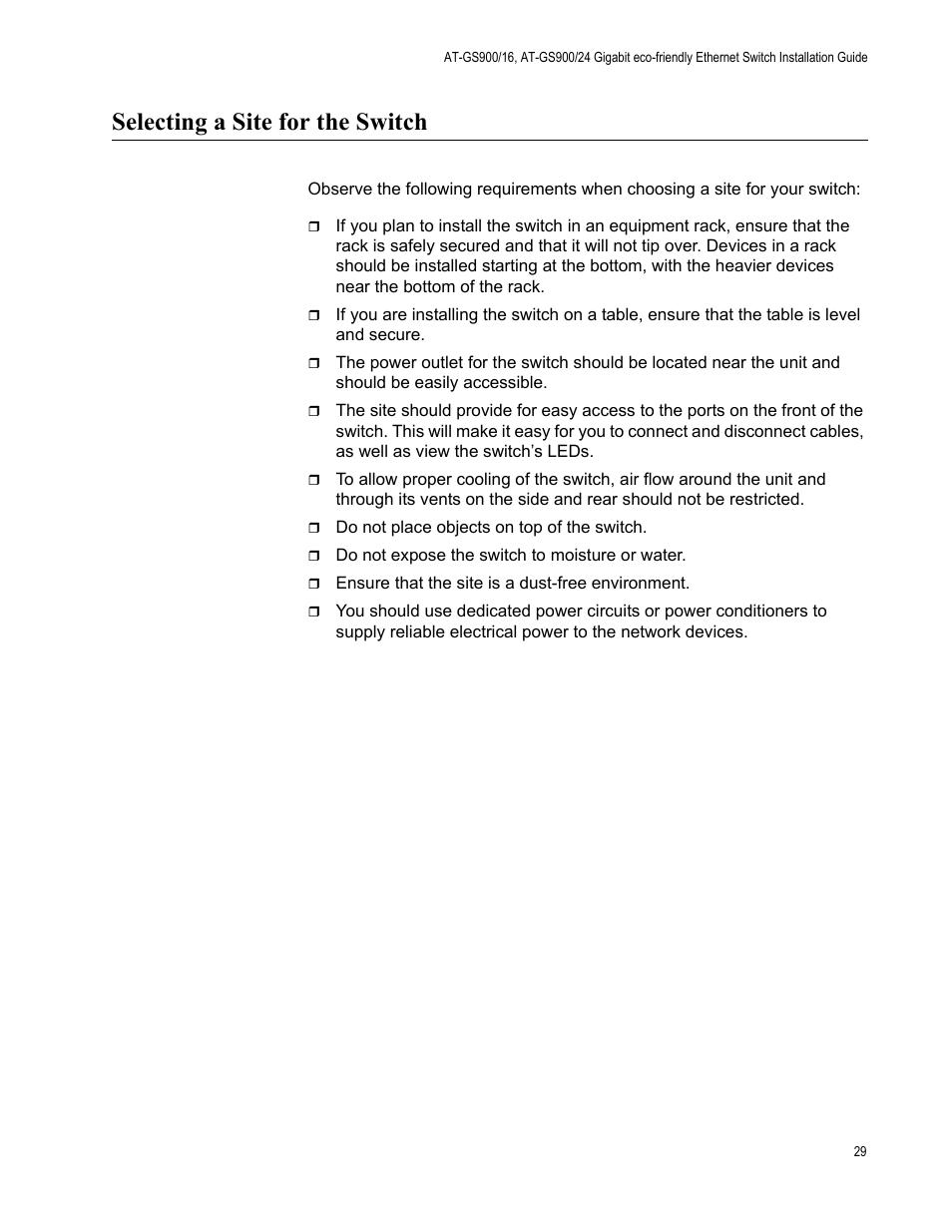 Selecting a site for the switch | Allied Telesis AT-GS900/24 User Manual | Page 29 / 45