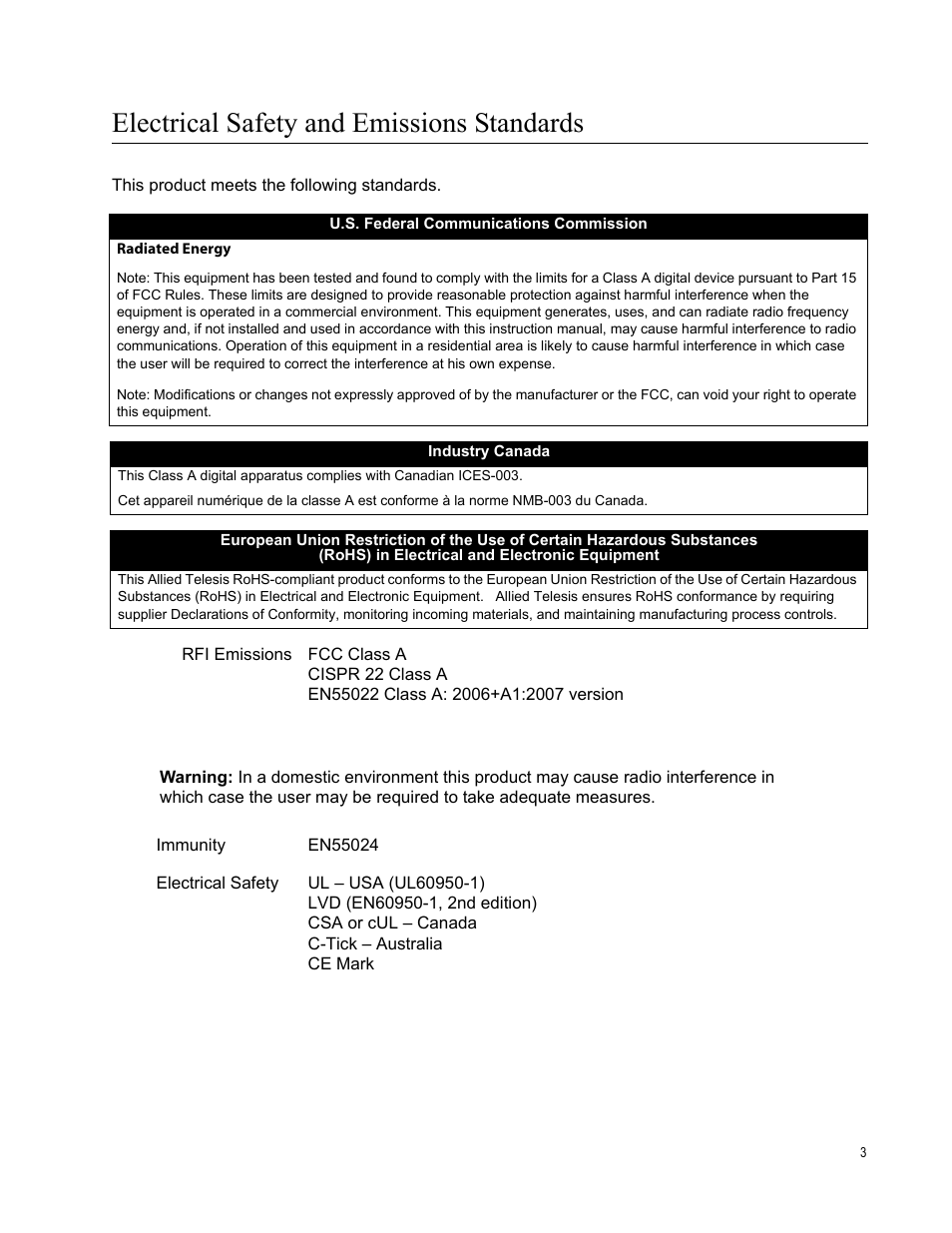 Electrical safety and emissions standards | Allied Telesis AT-GS900/24 User Manual | Page 3 / 45