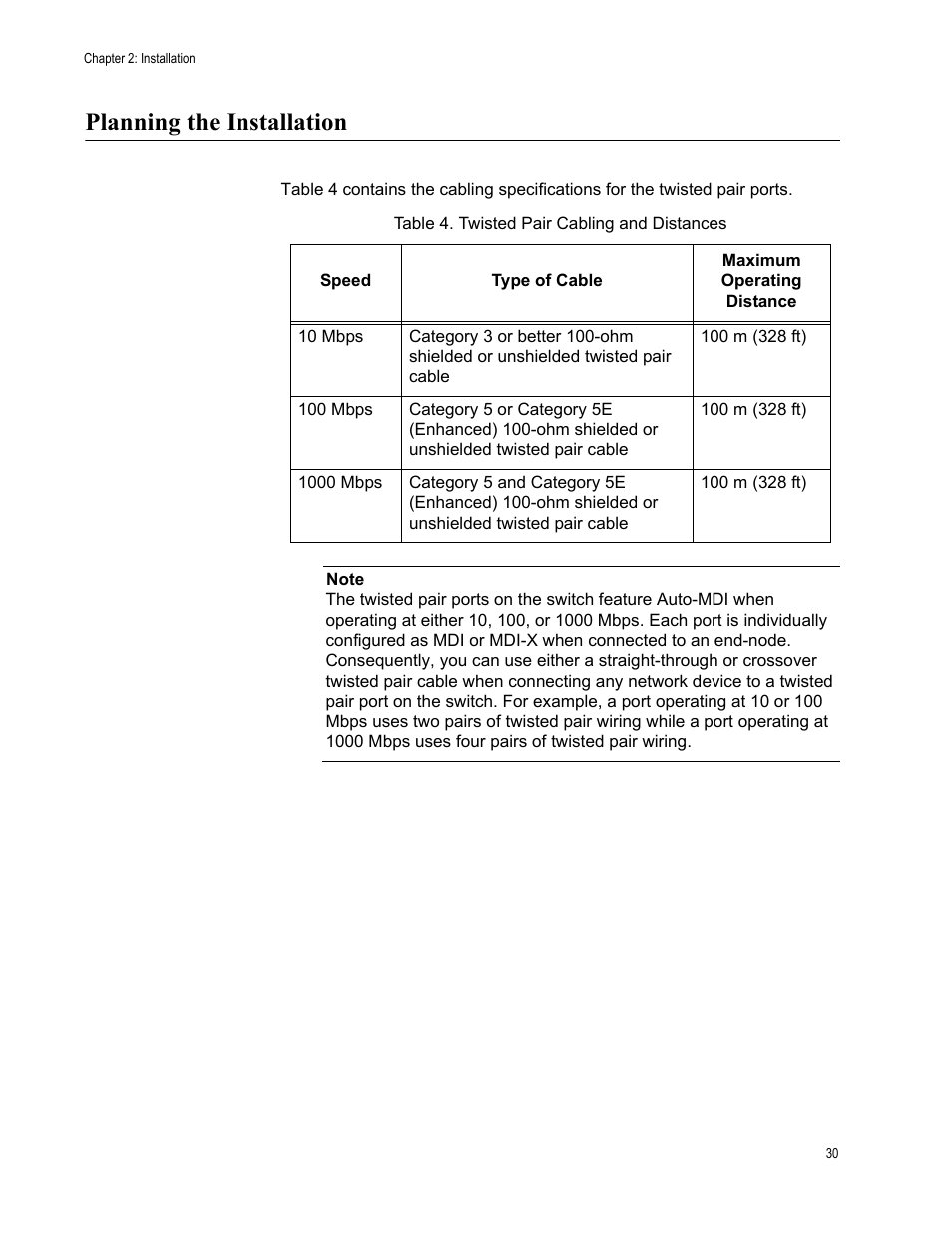Planning the installation, Table 4. twisted pair cabling and distances | Allied Telesis AT-GS900/24 User Manual | Page 30 / 45