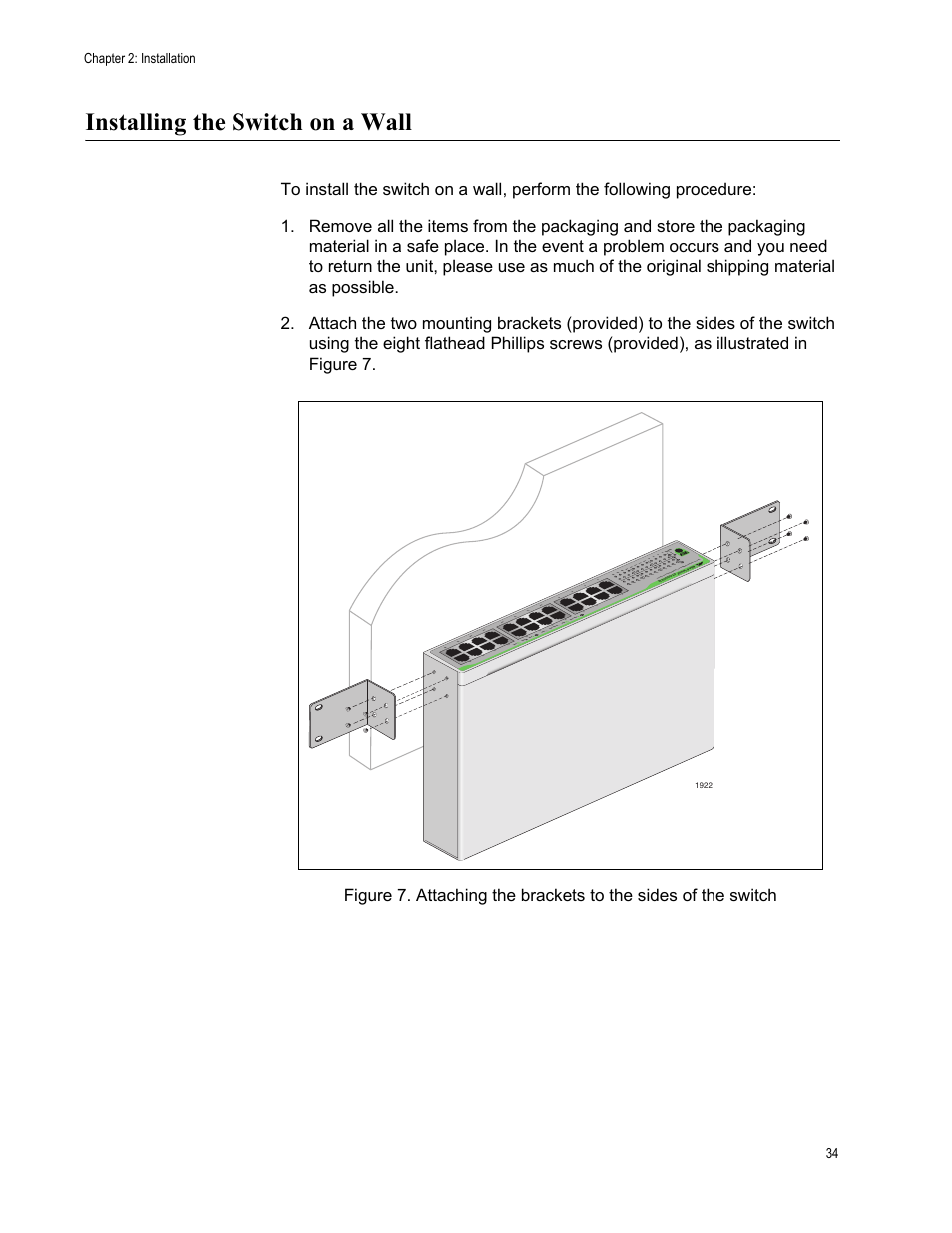 Installing the switch on a wall, Chapter 2: installation 34 | Allied Telesis AT-GS900/24 User Manual | Page 34 / 45