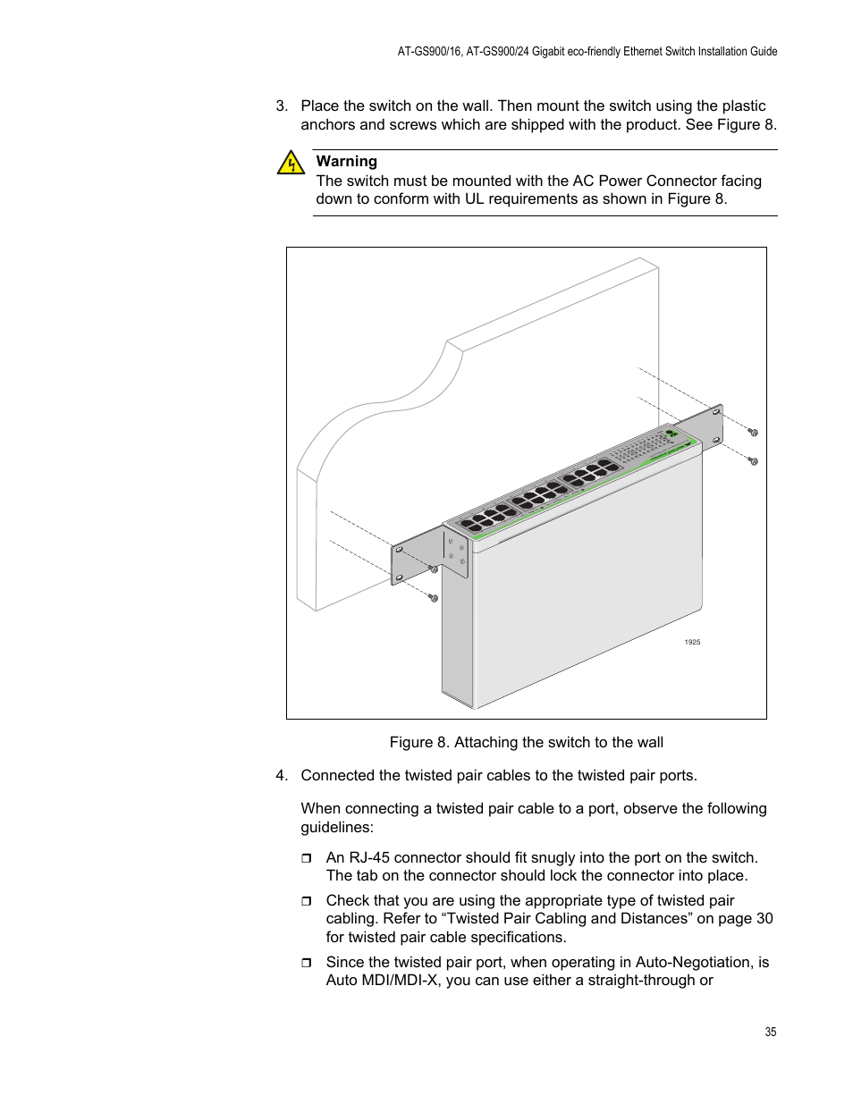 Figure 8. attaching the switch to the wall | Allied Telesis AT-GS900/24 User Manual | Page 35 / 45