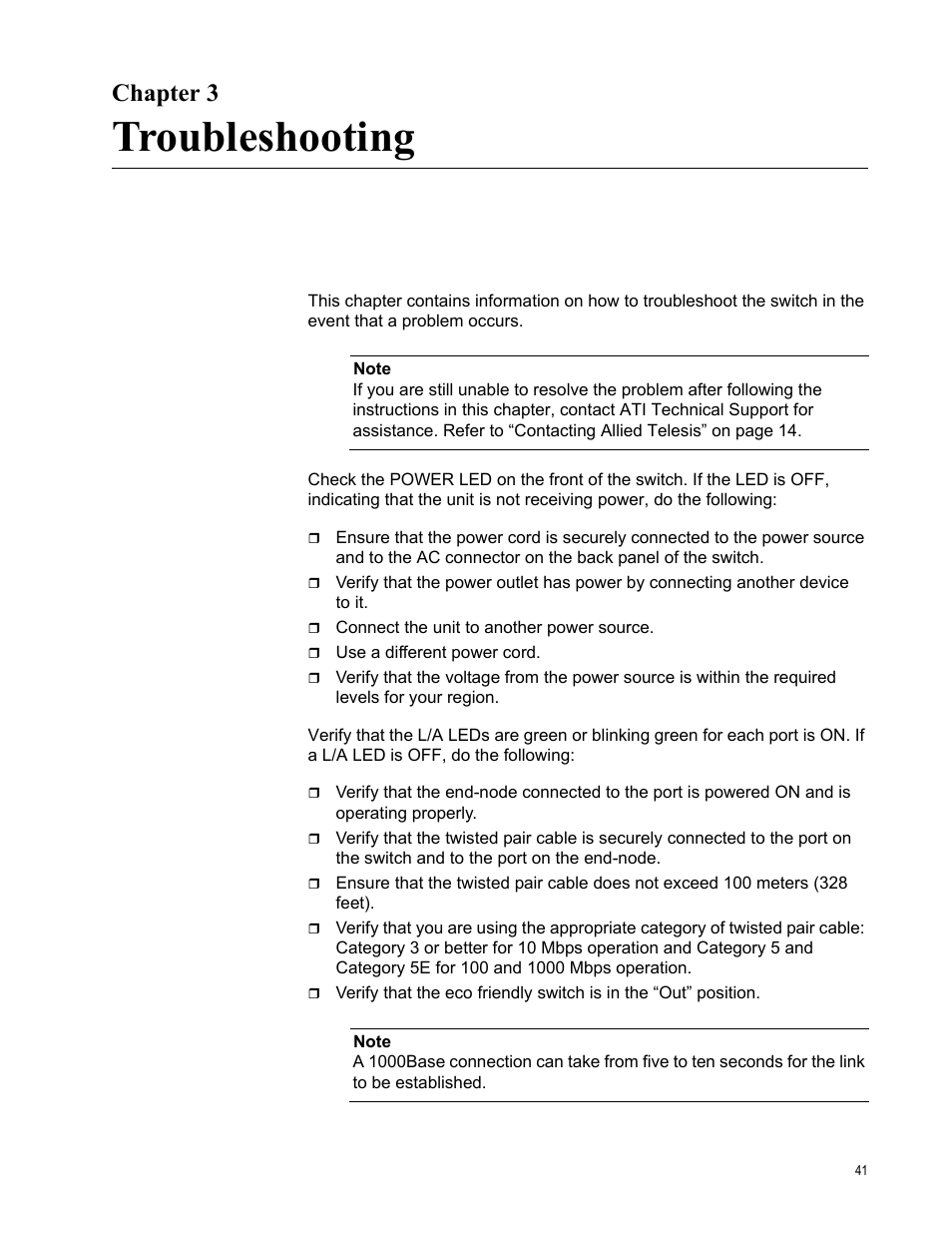 Chapter 3, Troubleshooting, Chapter 3: troubleshooting | Allied Telesis AT-GS900/24 User Manual | Page 41 / 45