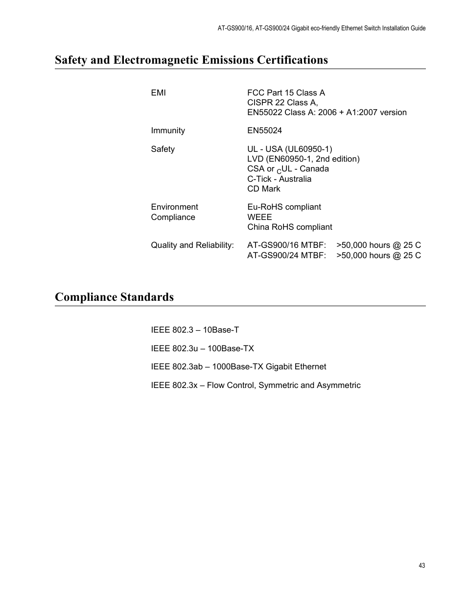 Compliance standards | Allied Telesis AT-GS900/24 User Manual | Page 43 / 45
