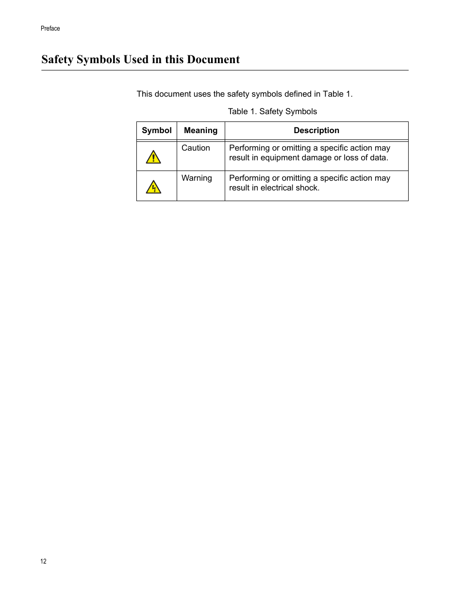 Safety symbols used in this document, Table 1. safety symbols | Allied Telesis AT-GS900/8 User Manual | Page 12 / 45