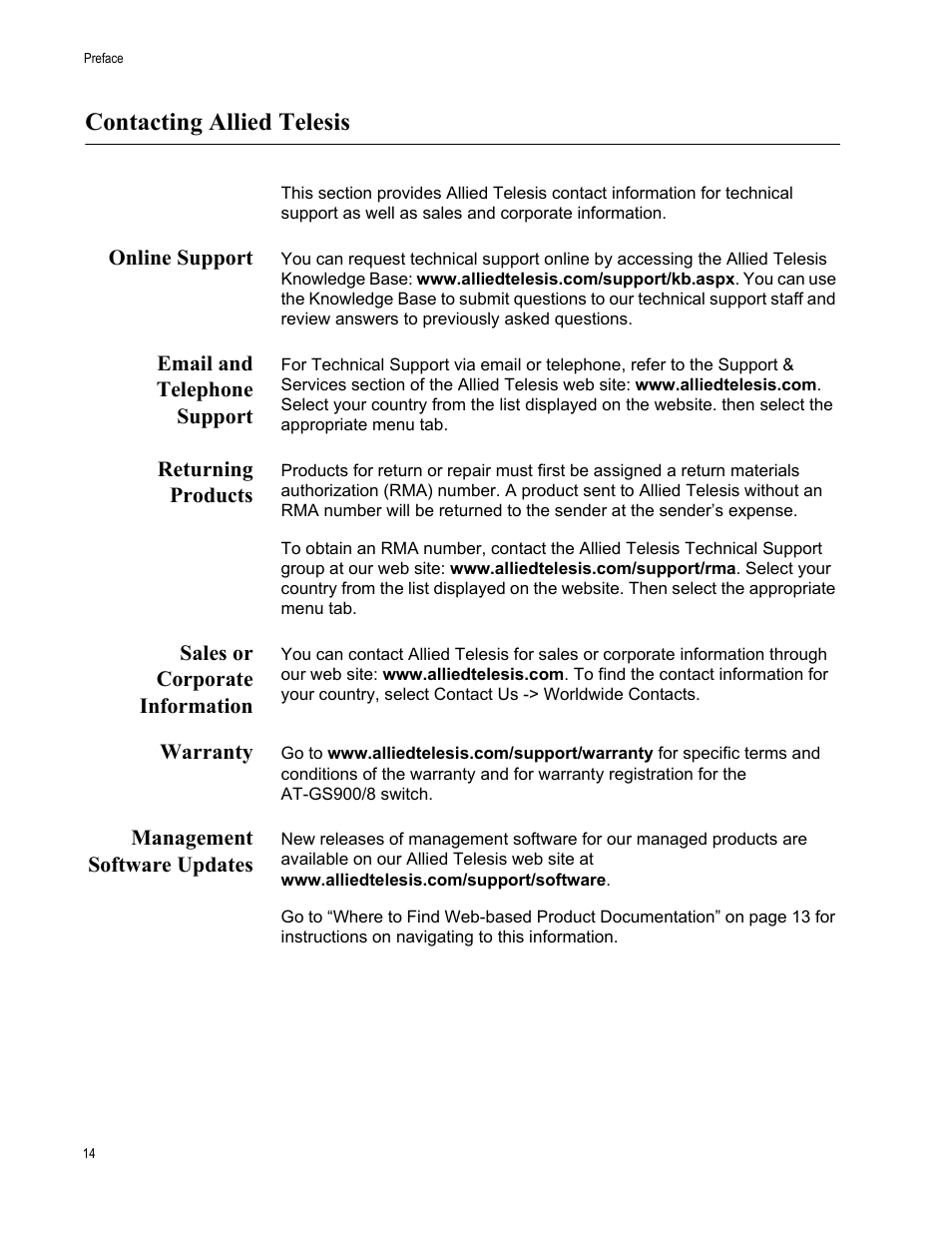 Contacting allied telesis, Online support, Email and telephone support | Returning products, Sales or corporate information, Warranty, Management software updates | Allied Telesis AT-GS900/8 User Manual | Page 14 / 45