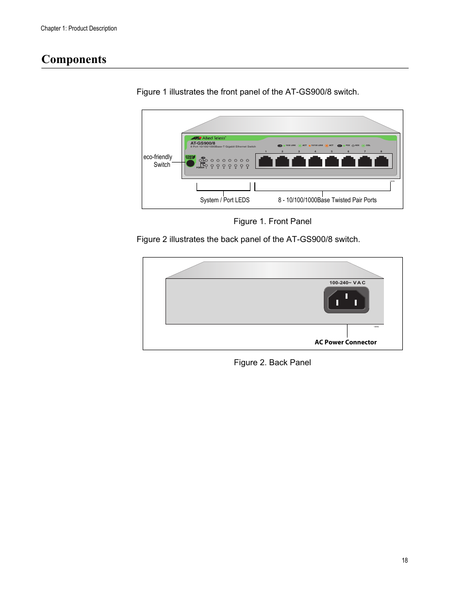 Components, Figure 1. front panel figure 2. back panel, Chapter 1: product description 18 | Ac power connector | Allied Telesis AT-GS900/8 User Manual | Page 18 / 45